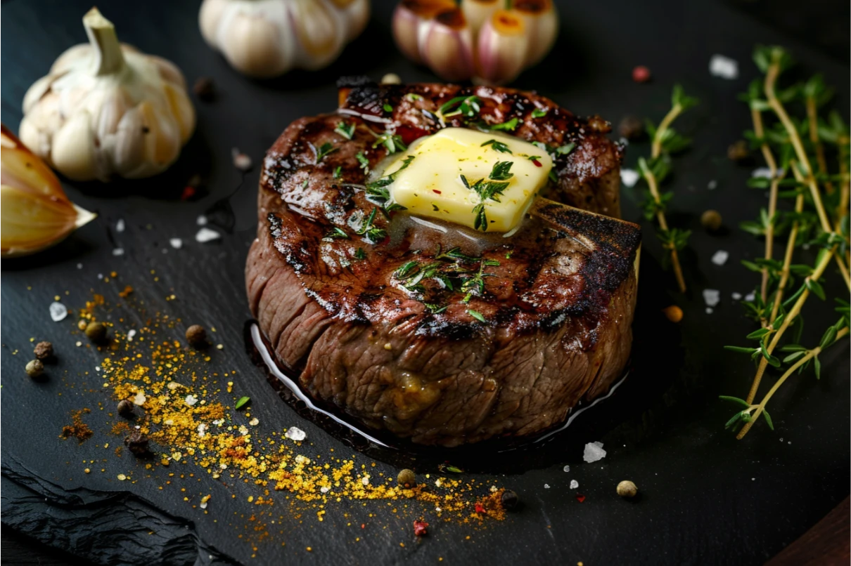 Grilled steak with herbs and spices on a dark plate