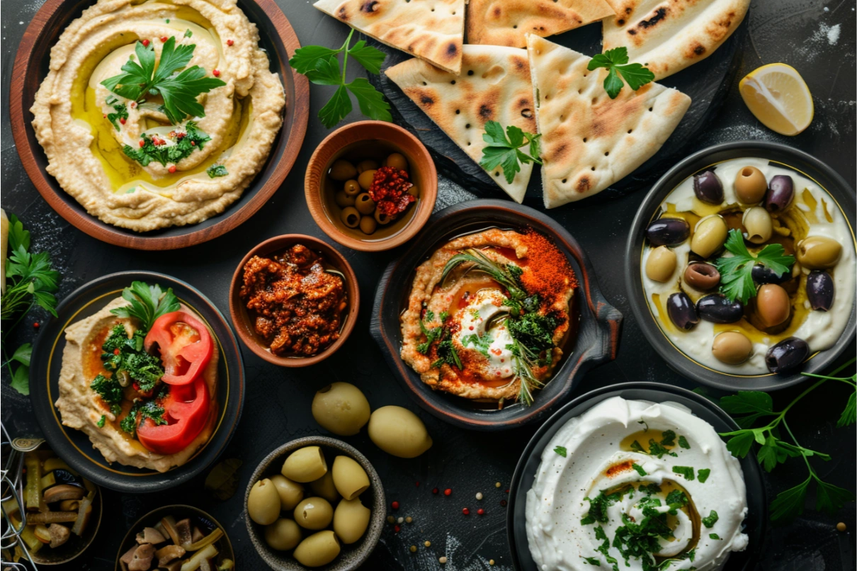 Shared appetizer spread with dips and pita