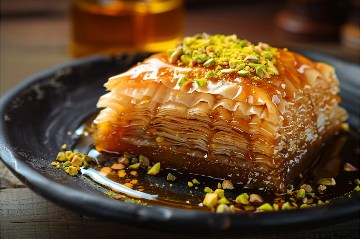 Honey dessert with pistachios on a dark plate